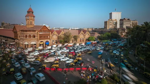 Timelapse View of Rush Hour Traffic Outside Crawford Market in Mumbai, India Stock Footage 143642048