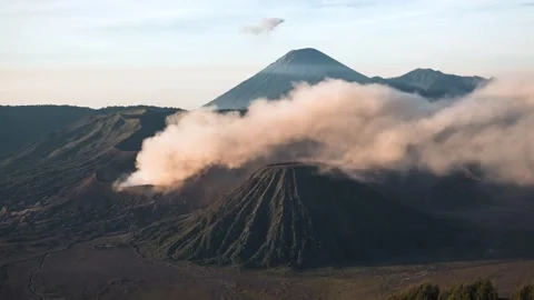 Timelapse View of the Smoking Crater of Mount Bromo Volcano in Java, Indonesia Stock Footage 219487761