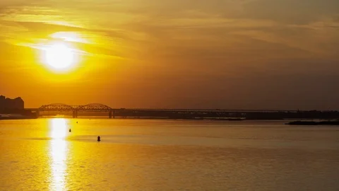 Timelapse view of sunset in big city from embankment. Stock Footage 107716329