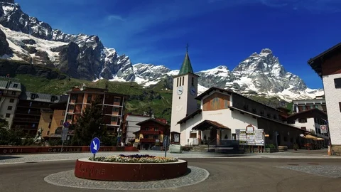 Timelapse view of the town of Cervinia Brueil Stock Footage 113901915