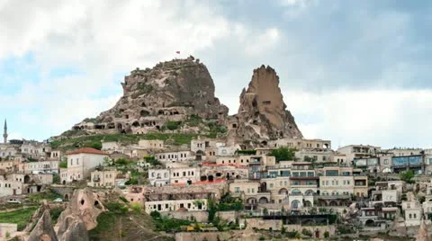 Timelapse view of Uchisar Castle cave houses. Cappadocia, Turkey. Stock Footage