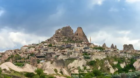 Timelapse view of Uchisar Castle cave houses. Cappadocia, Turkey. Stock Footage