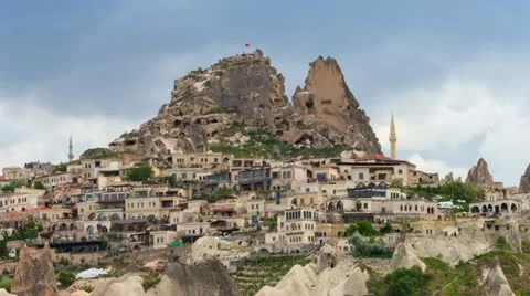 Timelapse view of Uchisar Castle cave houses. Cappadocia, Turkey. Stock Footage