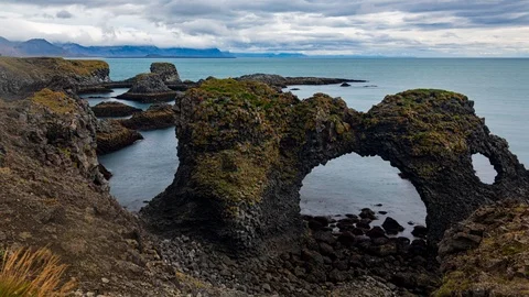 Timelapse view of volcenid basalt formations by a fjord in West Iceland Stock Footage 116182500