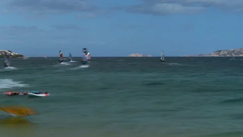 Timelapse view of windsurfers on windy day in the bay Stock Footage 162411986