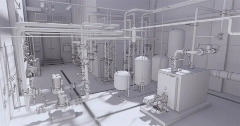 Timelapse visualization of a BIM model of a boiler room at white mode Stock Footage 131660749