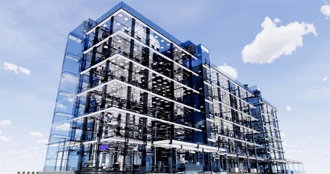 Timelapse visualization BIM model office building with transparent walls Stock Footage 116781346