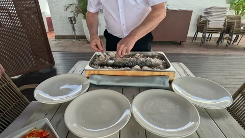 Timelapse Waiter Serving Whole Salt Baked Fish Spanish Restaurant Outdoor Stock Footage 336276536