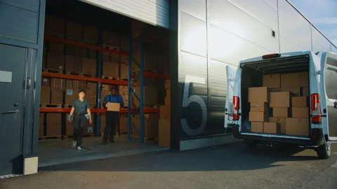 Timelapse Warehouse Workers unloading Van Vehicle Stock Footage 157118563