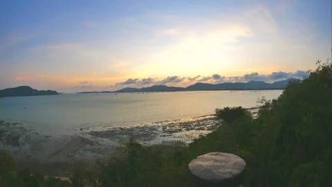 Timelapse of water wave breaking coast, moving leaves branch tree, sailing bo Stock Footage 127734182