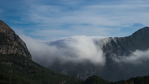 Timelapse of a waterfall of clouds falling down the mountain. 스톡 동영상 146155913