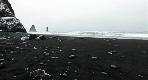 Timelapse waves on the Black Sand Beach, Vik, Iceland, North Atlantic Ocean Stock Footage 151605051