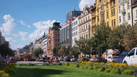 Timelapse of Wenceslas Square Left Side and Sky, Prague Stock Footage 93254247