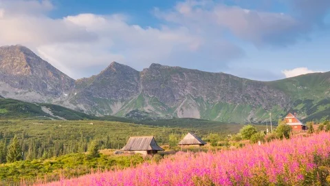 Timelapse White Clouds In Blu Sky Over Green Tatra Mountains And Colorful Mea Stock Footage 117128067