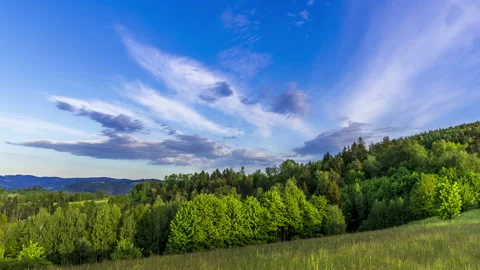 Timelapse of white clouds moving across a blue sky ahead with the surrounding Stock Footage 132025570