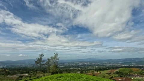 Timelapse of white clouds moving in the blue sky over tea plantations Video stock 307416731