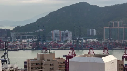 Timelapse wide river between Hong Kong industrial districts Stock Footage 118553550