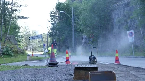 Timelapse - Workers working and cutting in the road Stock Footage 158951258