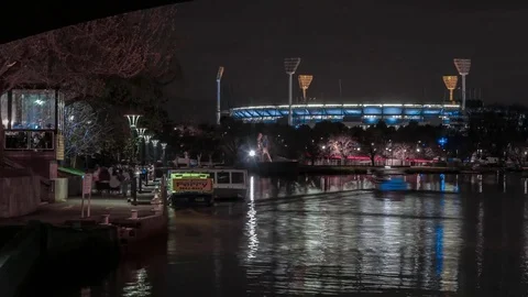 Timelapse of Yarra River and Etihad Stadium at Night, Melbourne, Australia Stock Footage
