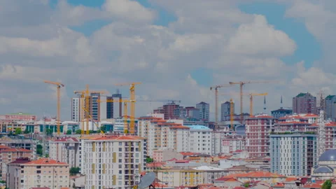 Timelapse: yellow cranes working over Istanbul construction sites Stock Footage 341277963