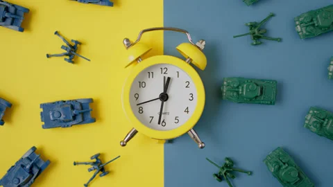 Timelapse yellow retro clock on yellow-blue background in colors of Ukraine flag Stock Footage 171581834