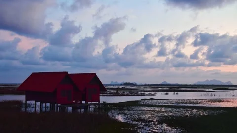 Timelapse zoom out Thale Noi Twin Wooden Shelters standing over reflective .. Stockbeeldmateriaal 341268430