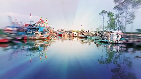 Timelapse,traditional boat is seen leaning in a small port 動画素材 204093336