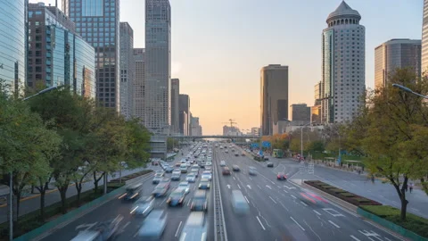 Timelapse.Urban Traffic Flow with Highrises,Beiing,China Stock Footage