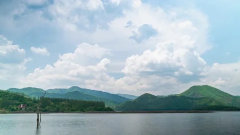 Timelaspe cloud movement over mountain and river Stock Footage 176633078