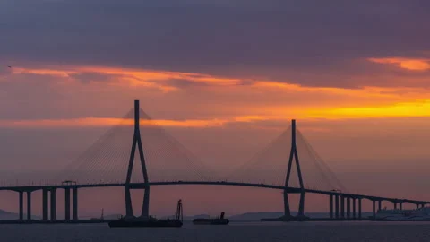 TimeLepse 4k  Sunset scenery in front of Incheon Bridge Stock Footage 242311798