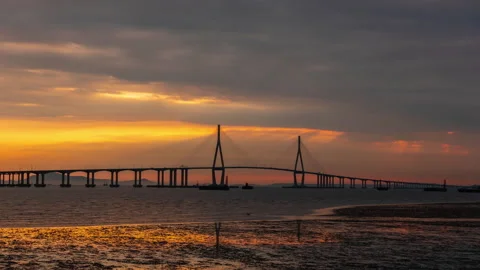 TimeLepse 4k  Sunset scenery in front of Incheon Bridge Stock Footage 242312489