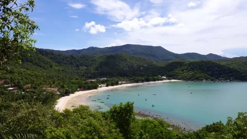 Timeless Aerial View of Mountain, Clouds, Beach and Boat | Koh Phangan Thailand Stock Footage 337819057