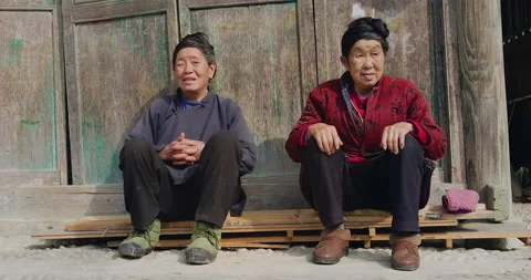 Timeless portrait of two real unique authentic Asian Chinese village woman of Tu Stock Footage 201095256