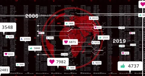 Timeline advancing 2008–2001 rotating red globe, showing hearts, likes, user Stock Footage 319573328
