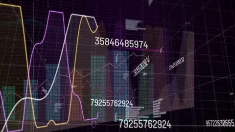 Timeline advancing 3D analytics display showing colored lines rising bars Stock Footage 335761829