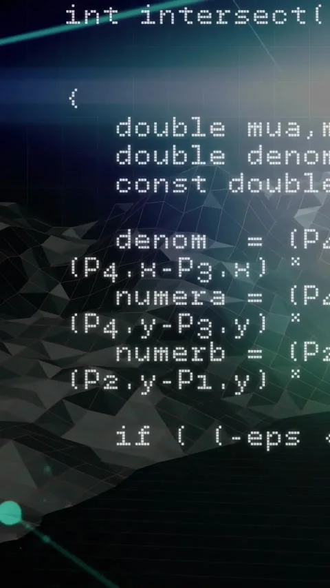 Timeline advancing, code column scrolling across tech network mesh, revealing Stock Footage 330358971