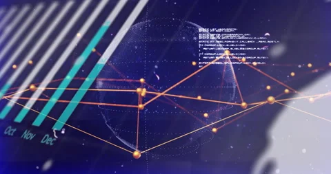 With timeline advancing globe rotating and bar charts transforming to show Stock Footage 312905428