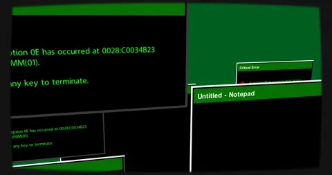 Timeline advancing, notepad and error dialogs sliding, clustering, showing error Stock Footage 327352619