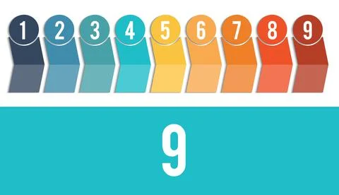 Timeline of colored arrows and numbered circles.  Design for 9 position. Temp Stock Illustration