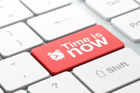 Timeline concept: Alarm Clock and Time is Now on computer keyboard b Stock Illustration