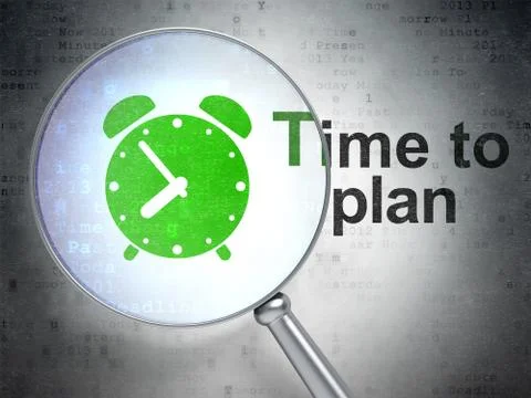 Timeline concept: Alarm Clock and Time to Plan with optical glass 库存插图