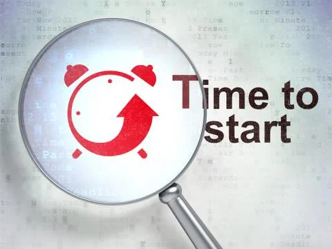 Timeline concept: Alarm Clock and Time to Start with optical glass Stockillustratie