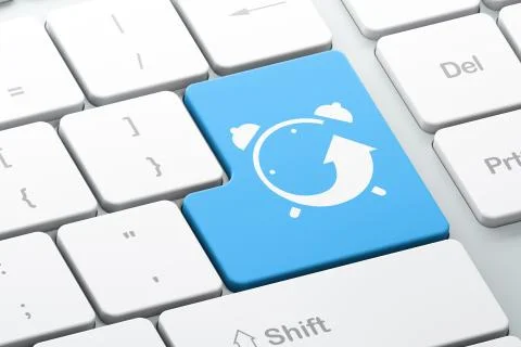 Timeline concept: Alarm Clock on computer keyboard background Stock Illustration