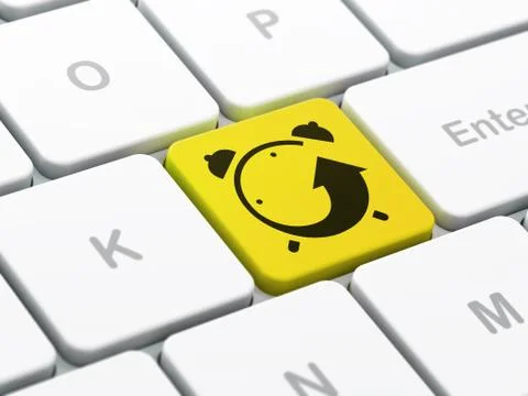 Timeline concept: Alarm Clock on computer keyboard background Stock Illustration