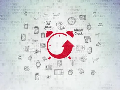 Timeline concept: Alarm Clock on Digital Data Paper background Stock Illustration