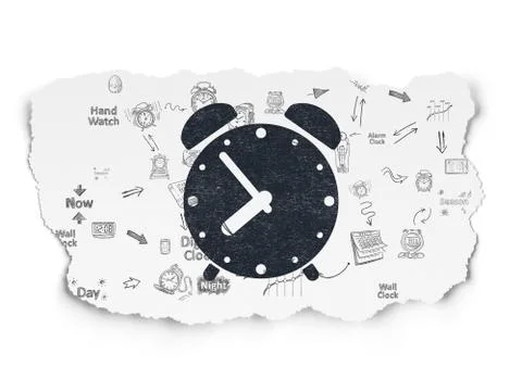 Timeline concept: Alarm Clock on Torn Paper background Stock Illustration