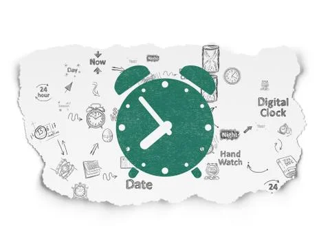 Timeline concept: Alarm Clock on Torn Paper background Stock Illustration