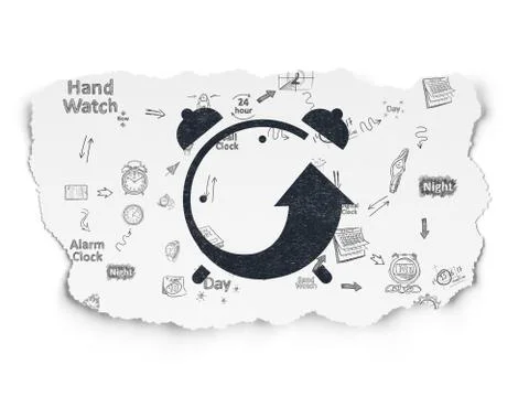 Timeline concept: Alarm Clock on Torn Paper background Stock Illustration