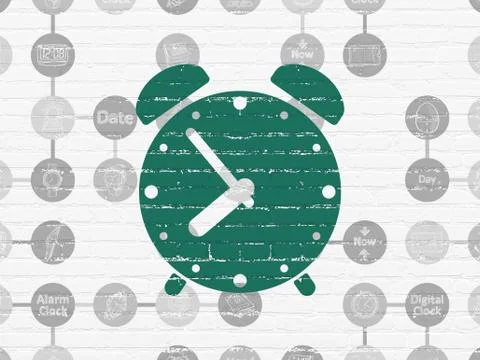Timeline concept: Alarm Clock on wall background Stock Illustration