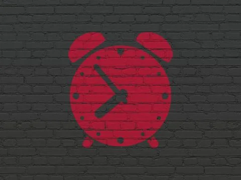 Timeline concept: Alarm Clock on wall background Ilustración de archivo